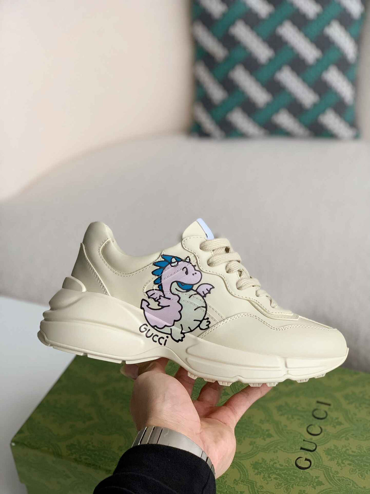 Gucci Rhyton Sneaker – Ivory Leather with Baby Dragon Print CUSTOM