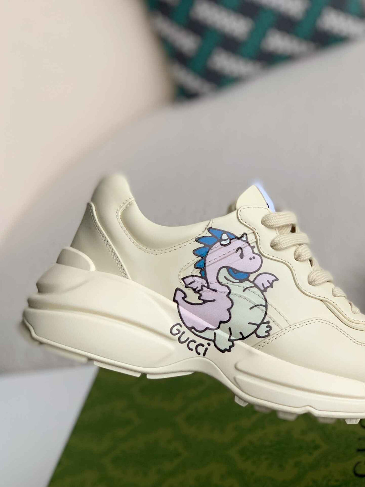 Gucci Rhyton Sneaker – Ivory Leather with Baby Dragon Print CUSTOM