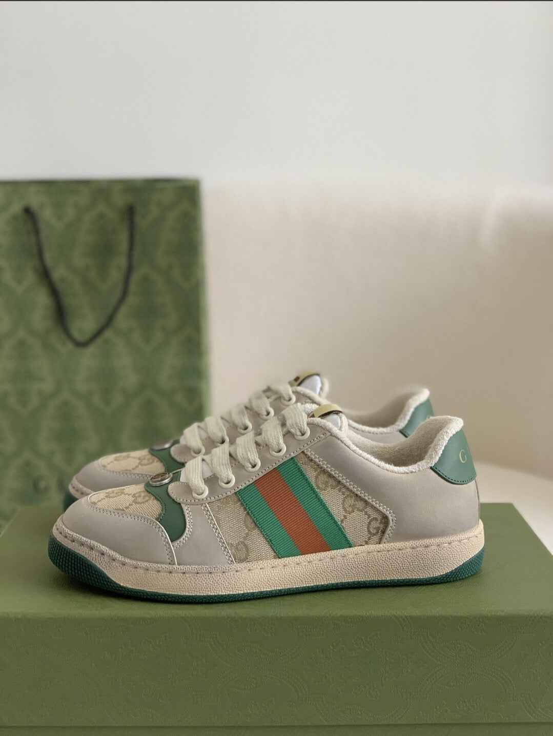 Gucci Screener Sneaker – Beige & Grey Leather with Green/Orange Web