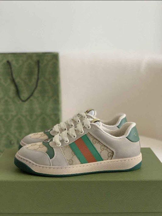 Gucci Screener Sneaker – Beige & Grey Leather with Green/Orange Web