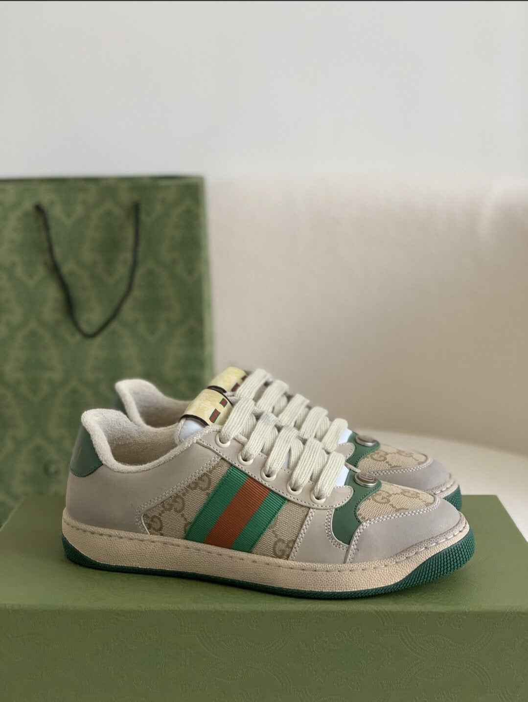 Gucci Screener Sneaker – Beige & Grey Leather with Green/Orange Web