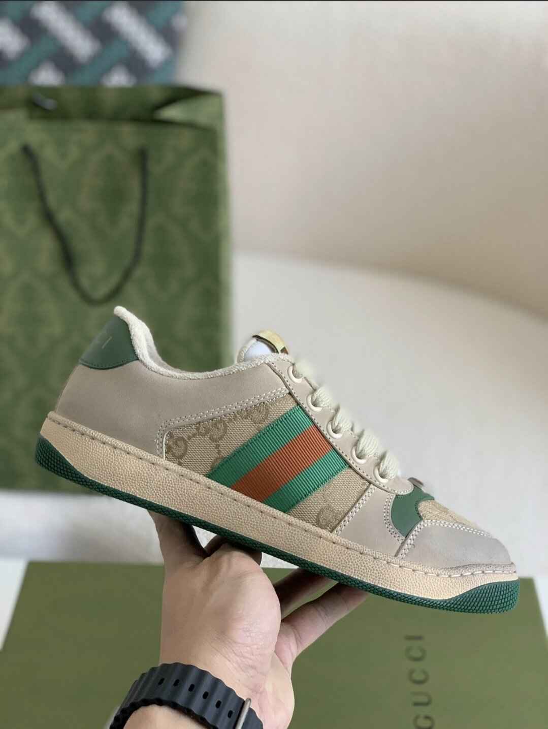 Gucci Screener Sneaker – Beige & Grey Leather with Green/Orange Web