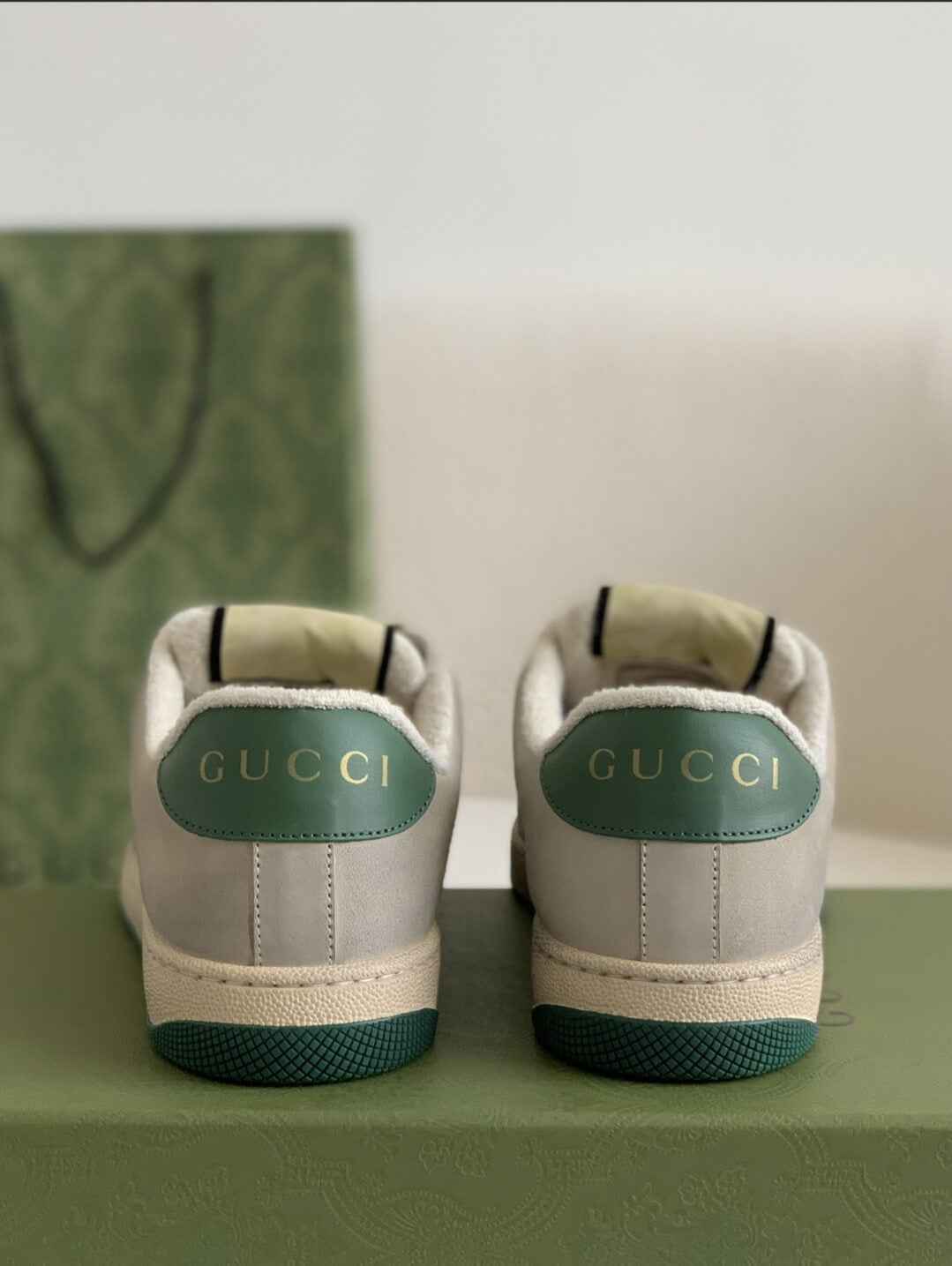 Gucci Screener Sneaker – Beige & Grey Leather with Green/Orange Web