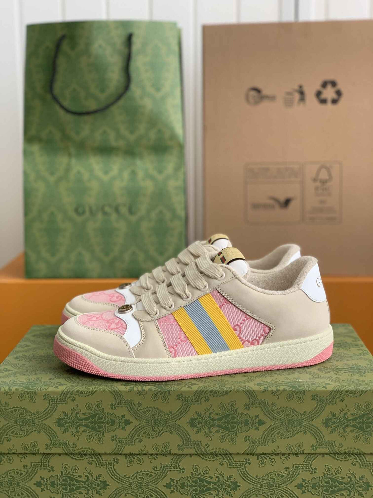 Gucci Screener Sneaker – Beige & Pink GG Canvas with Blue/Yellow Web CUSTOM