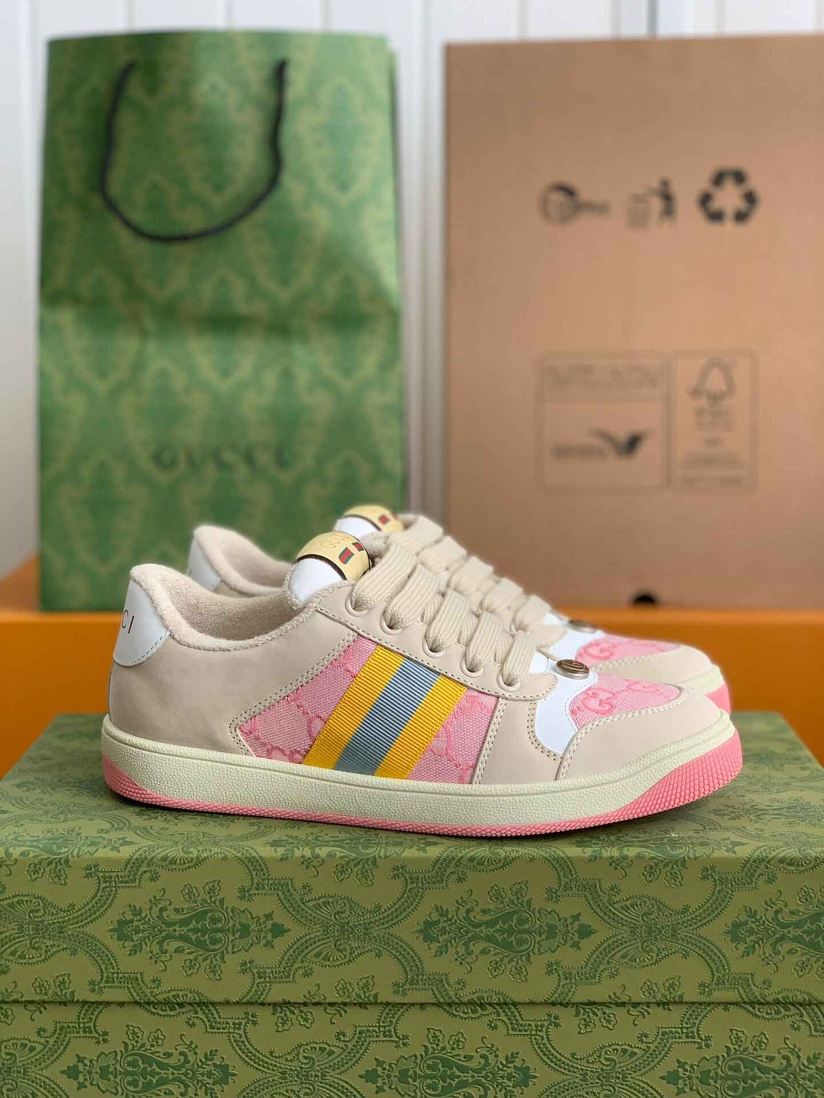 Gucci Screener Sneaker – Beige & Pink GG Canvas with Blue/Yellow Web CUSTOM