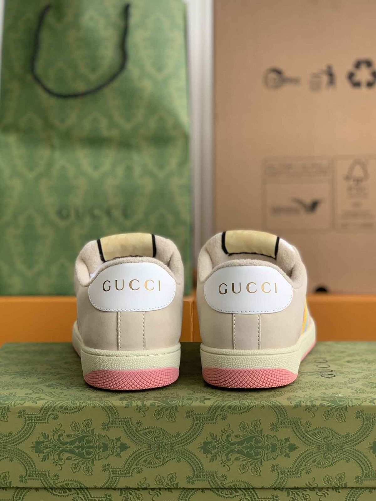 Gucci Screener Sneaker – Beige & Pink GG Canvas with Blue/Yellow Web CUSTOM