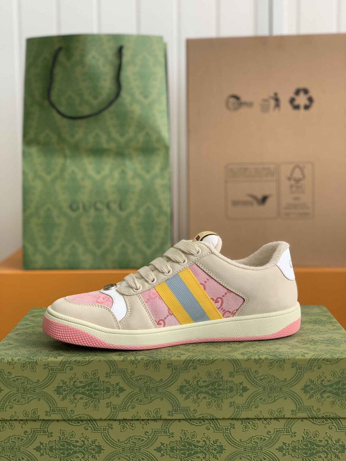 Gucci Screener Sneaker – Beige & Pink GG Canvas with Blue/Yellow Web CUSTOM