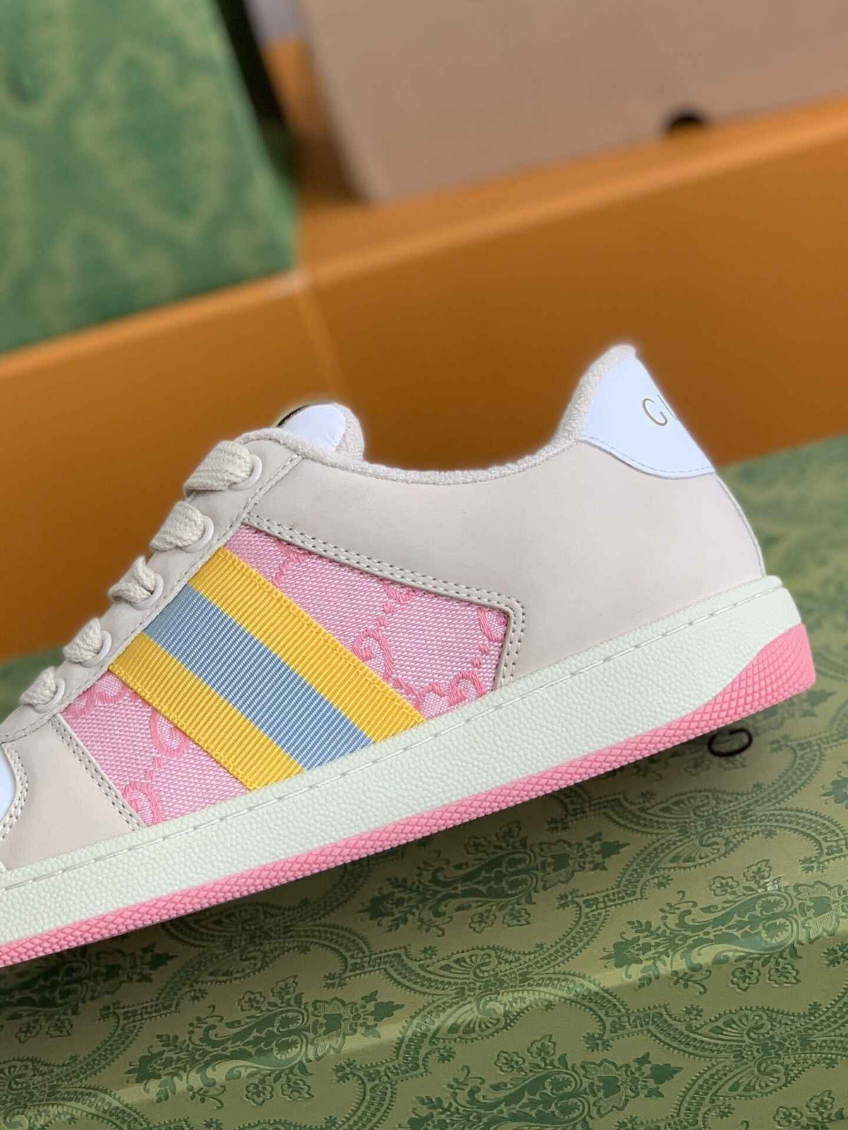 Gucci Screener Sneaker – Beige & Pink GG Canvas with Blue/Yellow Web CUSTOM