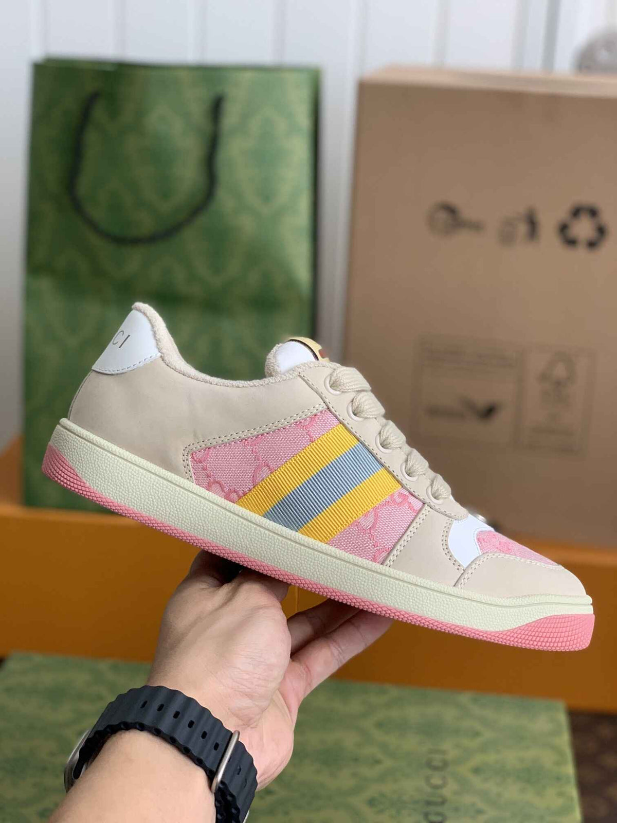 Gucci Screener Sneaker – Beige & Pink GG Canvas with Blue/Yellow Web CUSTOM