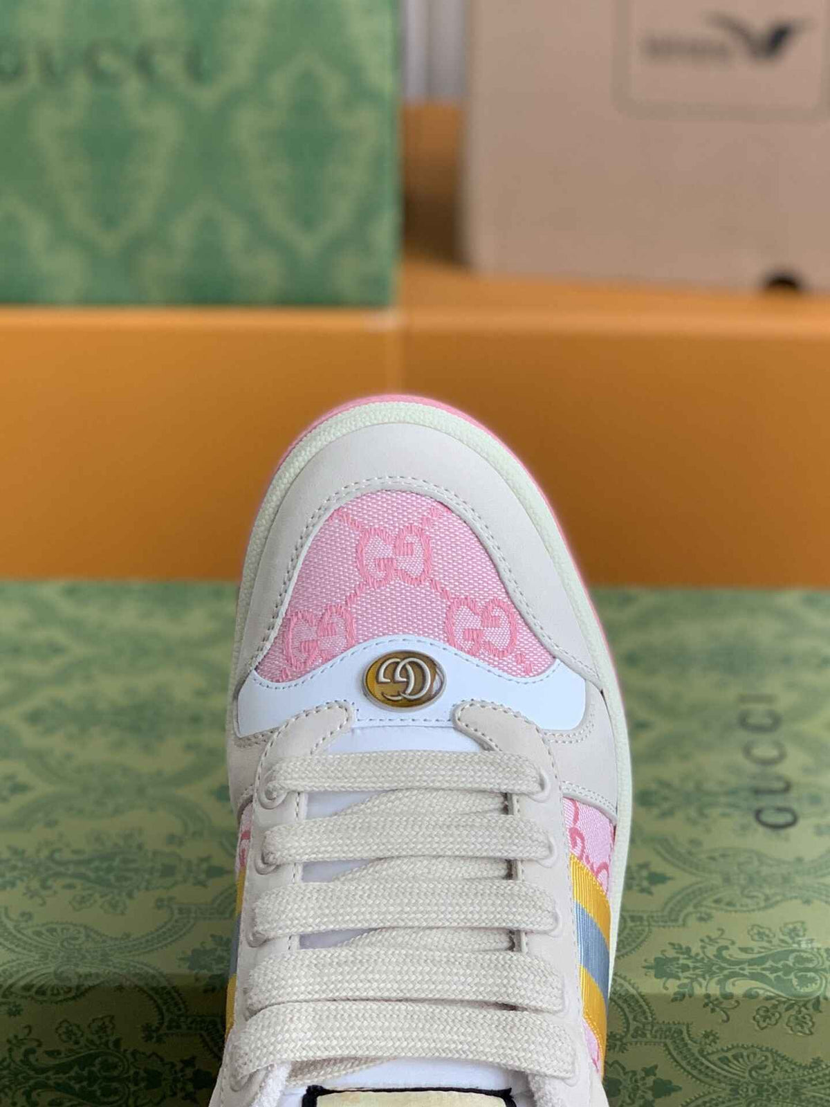 Gucci Screener Sneaker – Beige & Pink GG Canvas with Blue/Yellow Web CUSTOM