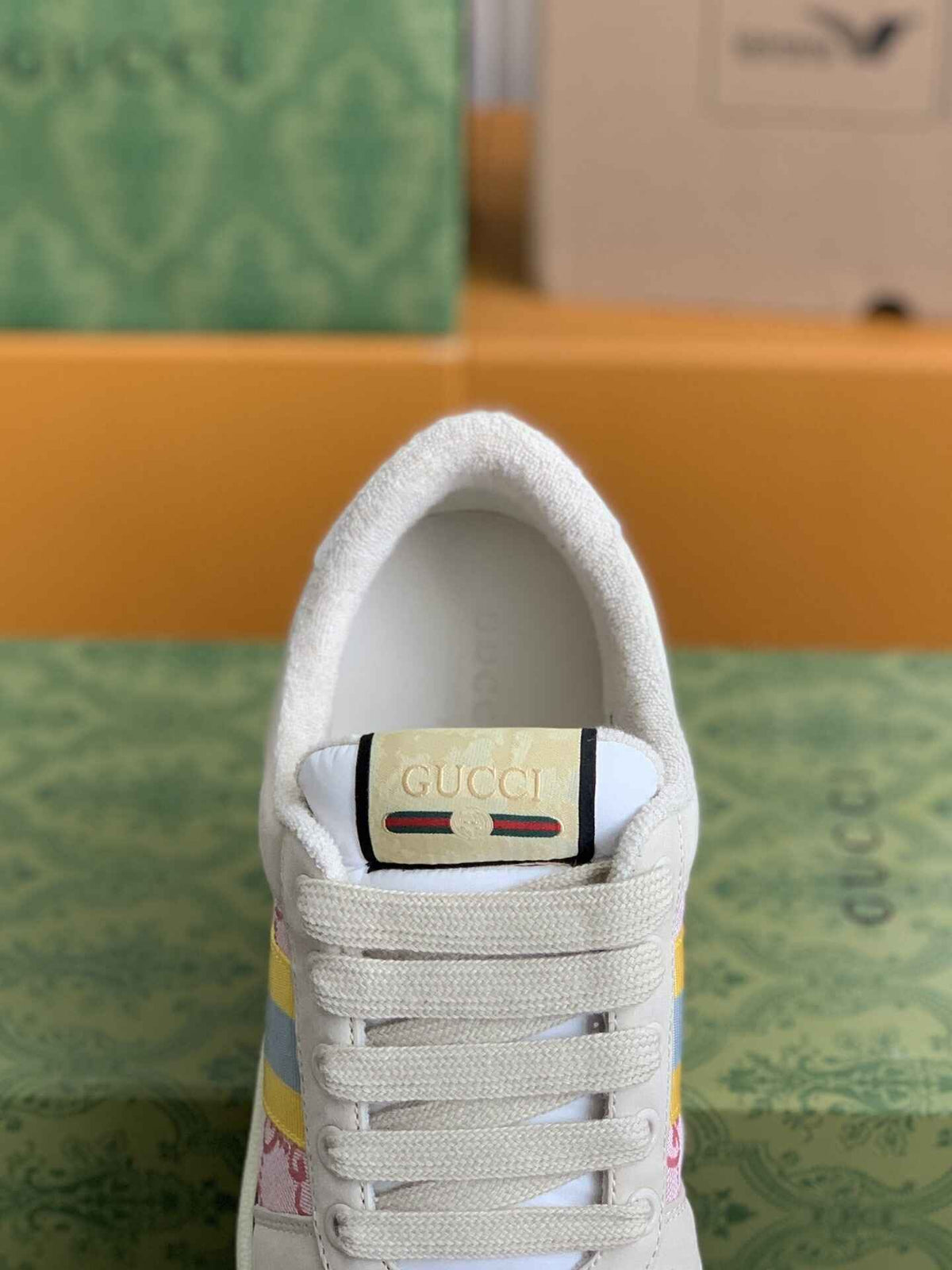Gucci Screener Sneaker – Beige & Pink GG Canvas with Blue/Yellow Web CUSTOM