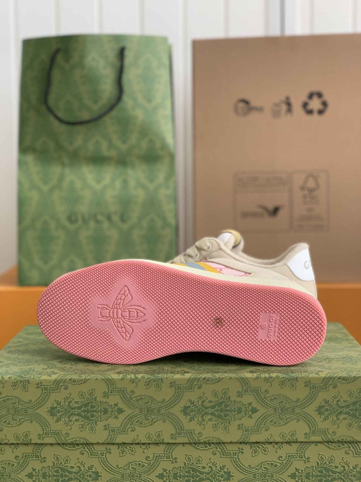 Gucci Screener Sneaker – Beige & Pink GG Canvas with Blue/Yellow Web CUSTOM