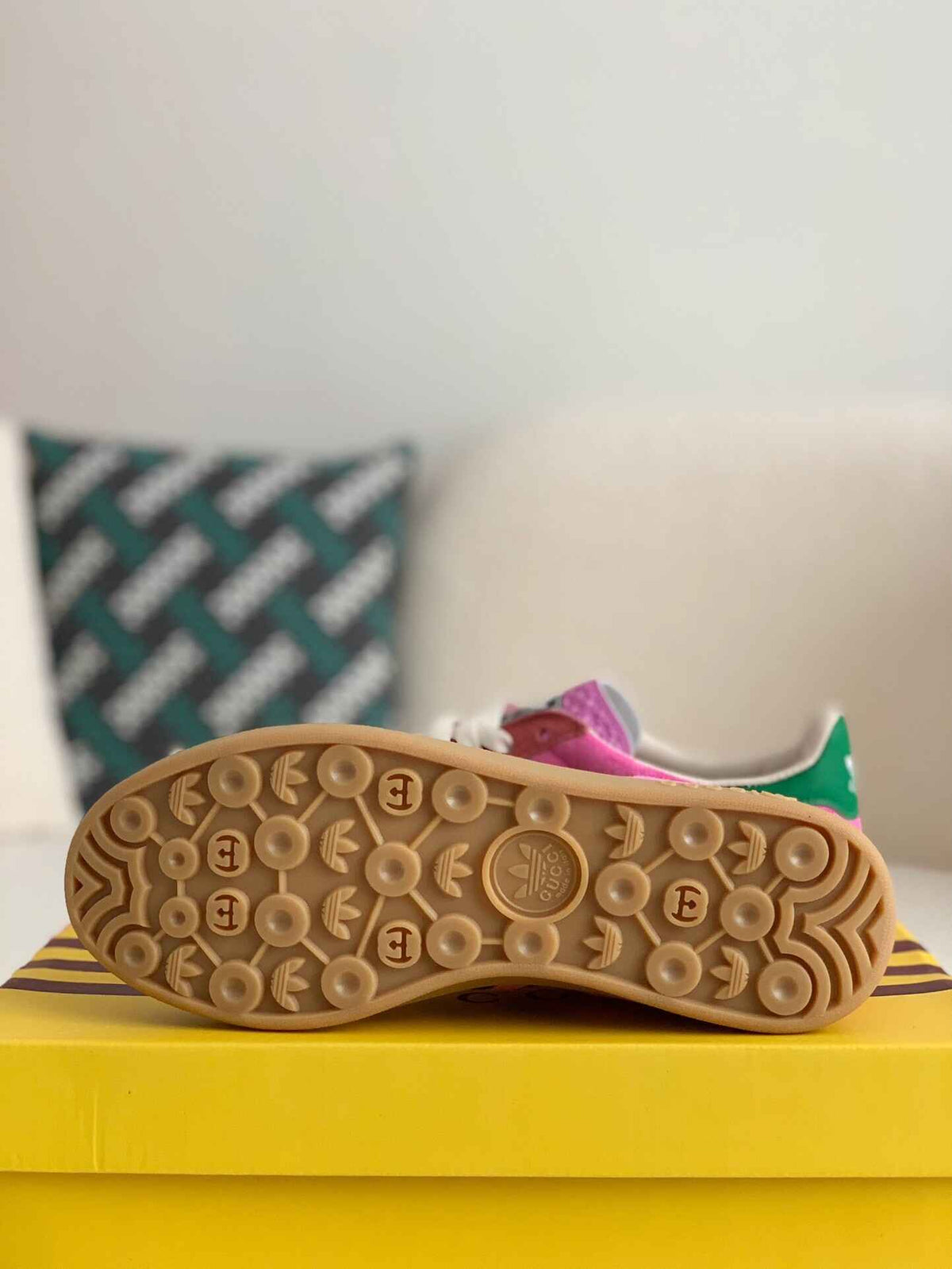 Adidas x Gucci Gazelle Sneaker in Pink Suede with Black Stripes and Green Heel Tab CUSTOM