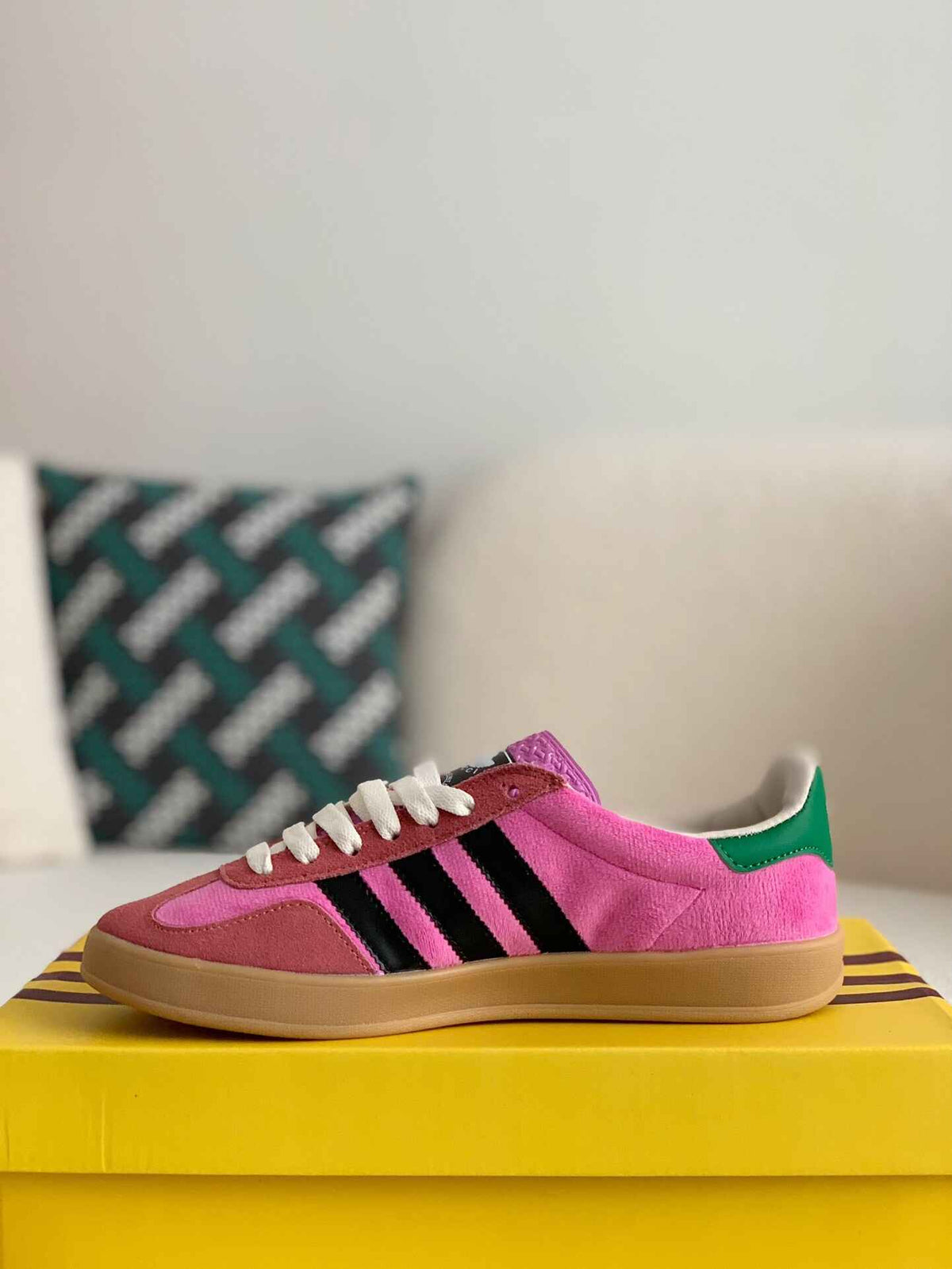 Adidas x Gucci Gazelle Sneaker in Pink Suede with Black Stripes and Green Heel Tab CUSTOM
