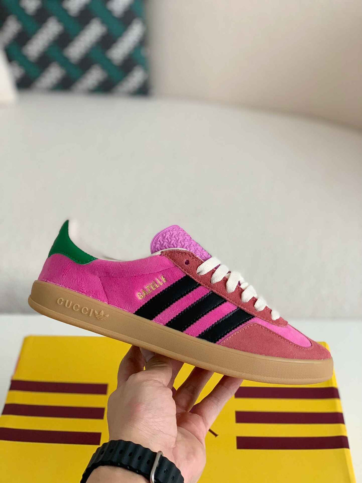 Adidas x Gucci Gazelle Sneaker in Pink Suede with Black Stripes and Green Heel Tab CUSTOM
