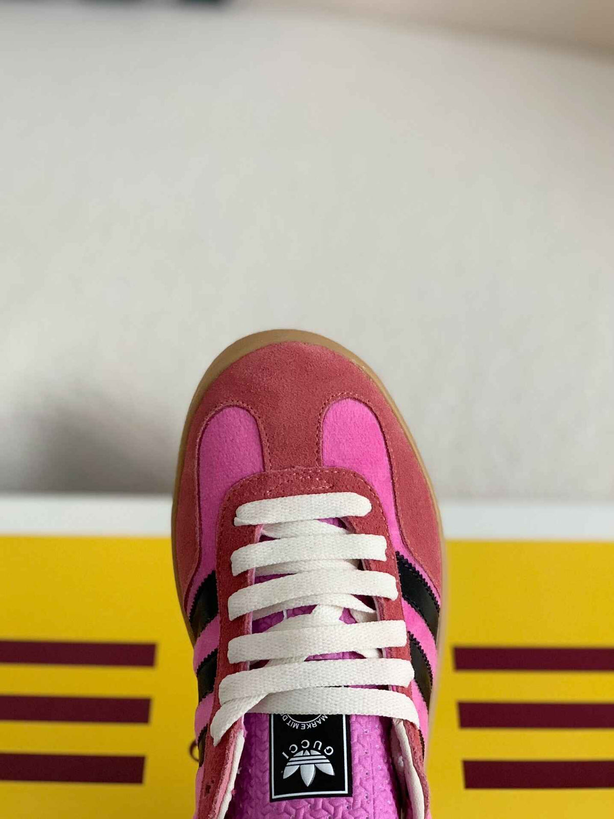 Adidas x Gucci Gazelle Sneaker in Pink Suede with Black Stripes and Green Heel Tab CUSTOM