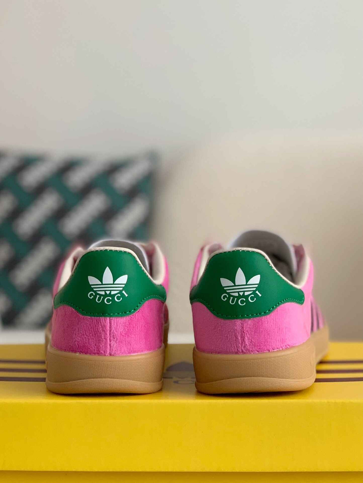 Adidas x Gucci Gazelle Sneaker in Pink Suede with Black Stripes and Green Heel Tab CUSTOM