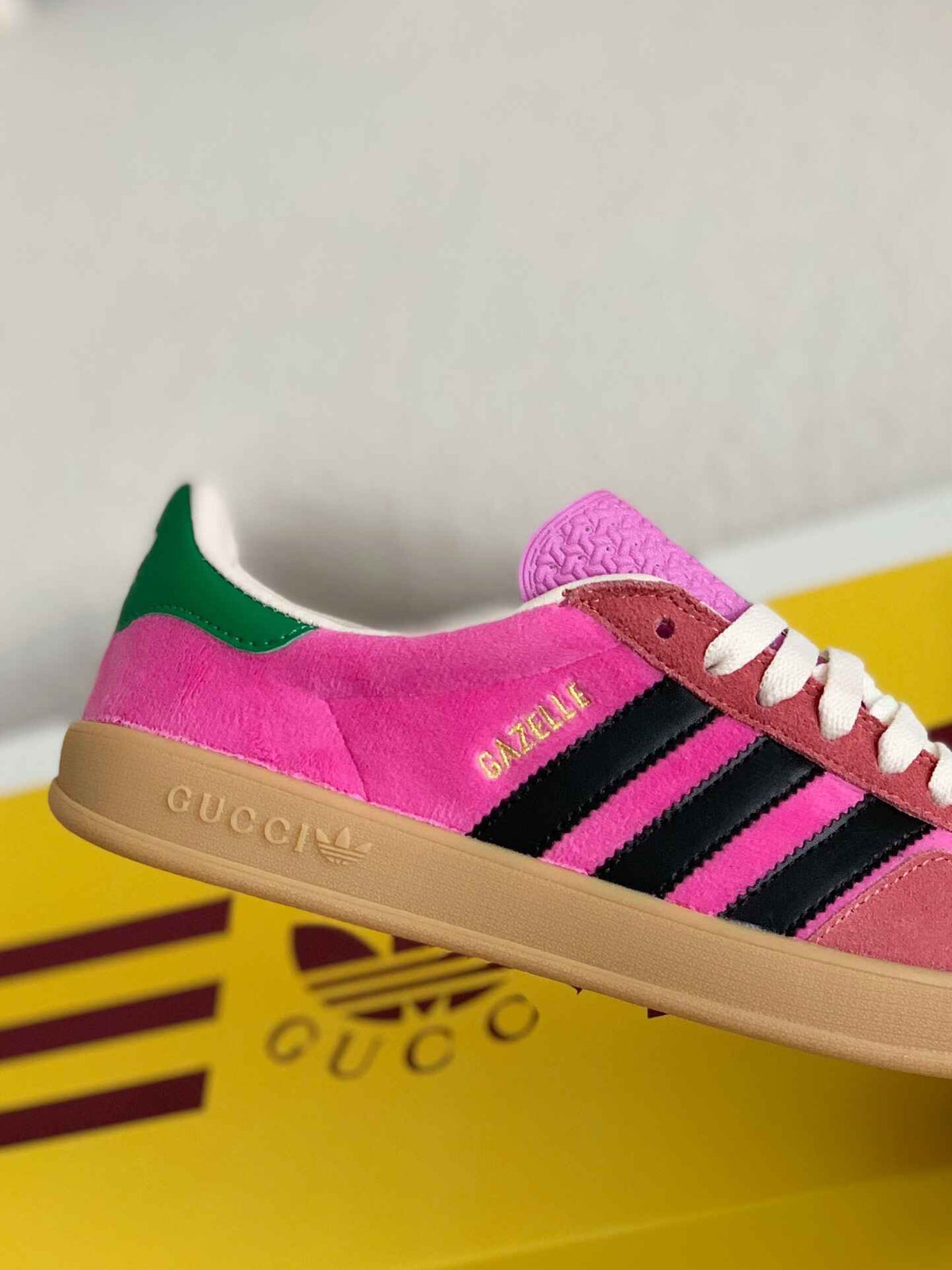 Adidas x Gucci Gazelle Sneaker in Pink Suede with Black Stripes and Green Heel Tab CUSTOM