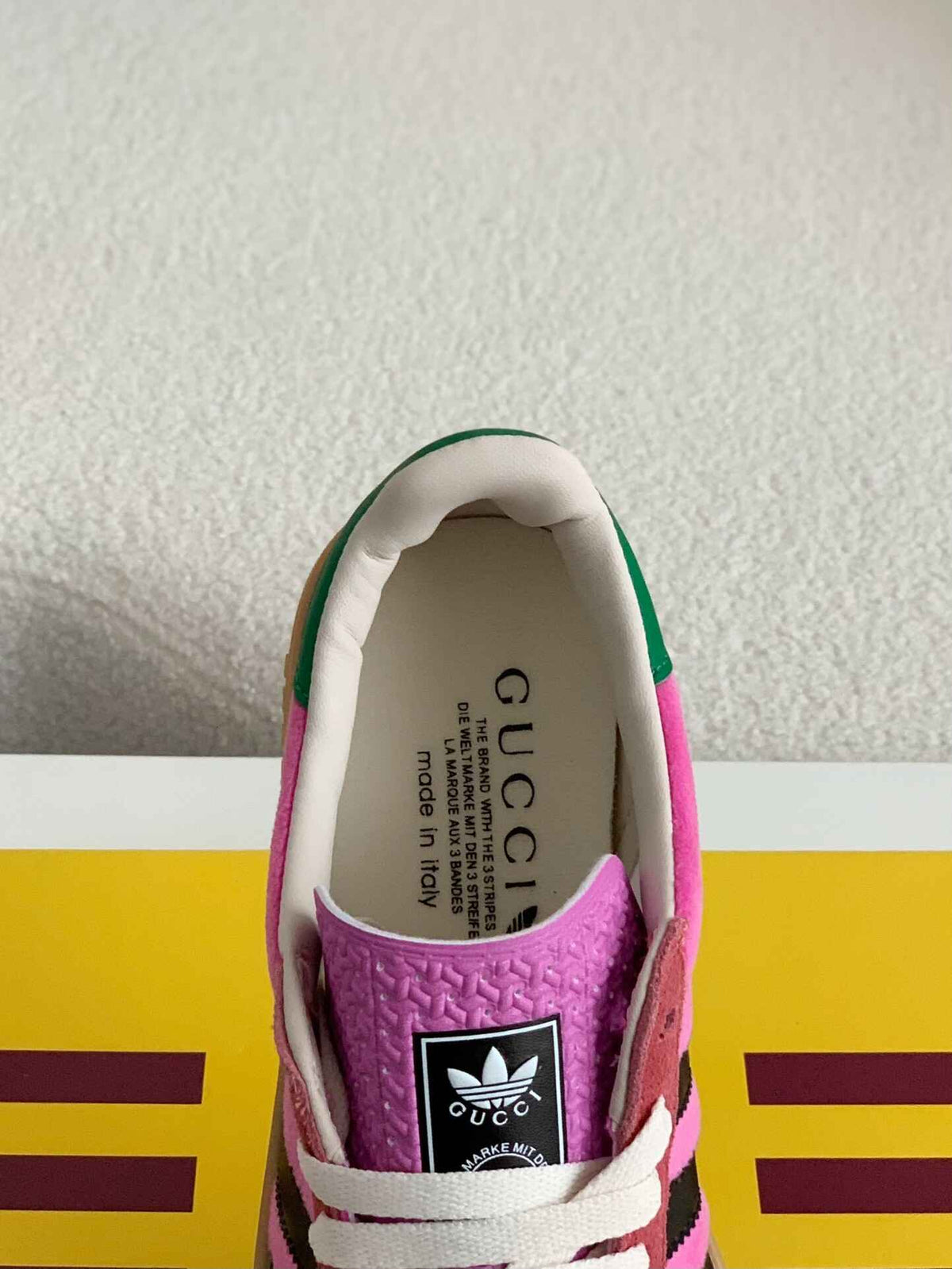 Adidas x Gucci Gazelle Sneaker in Pink Suede with Black Stripes and Green Heel Tab CUSTOM