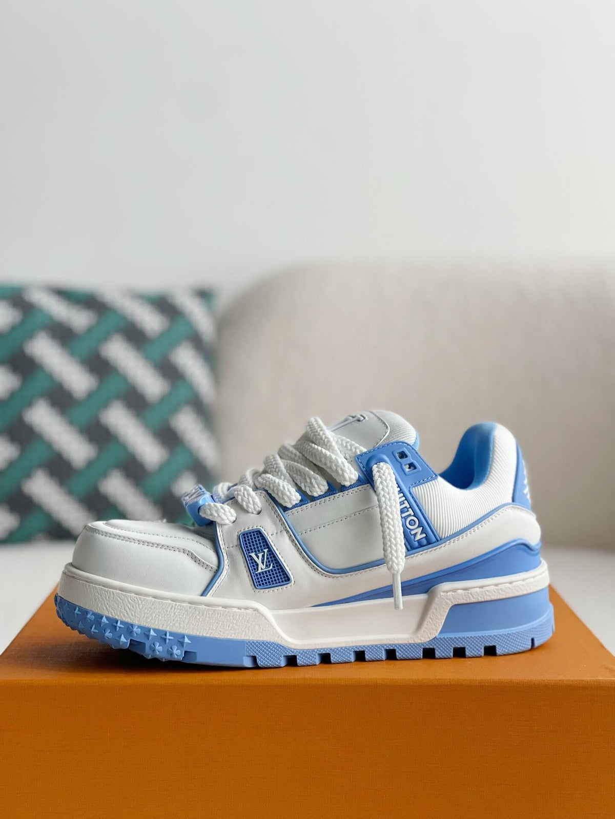 Louis Vuitton LV Maxi Trainer – White & Light Blue Calf Leather CUSTOM