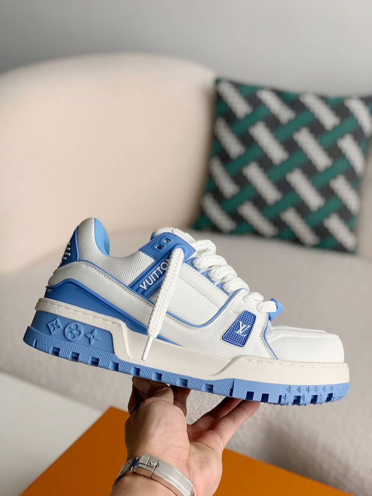 Louis Vuitton LV Maxi Trainer – White & Light Blue Calf Leather CUSTOM