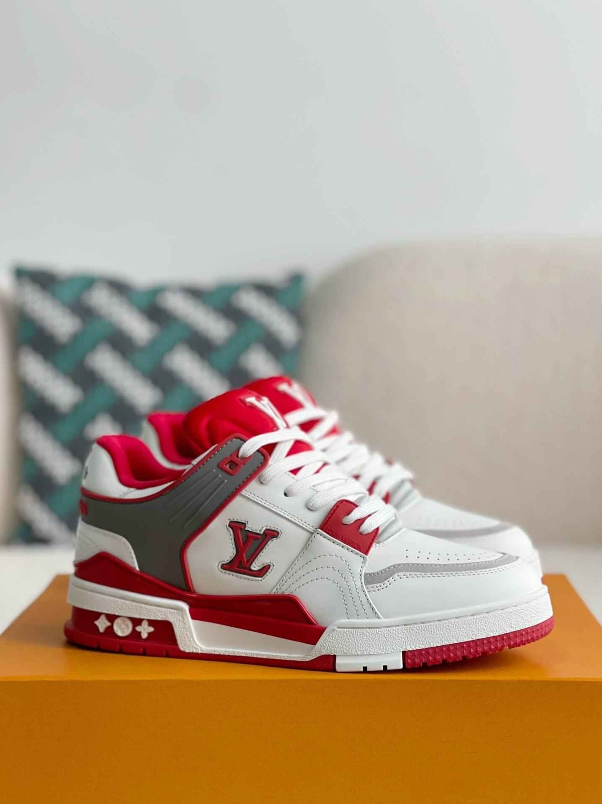Monogram Trainer #54  White Red Gray Padded Sneaker