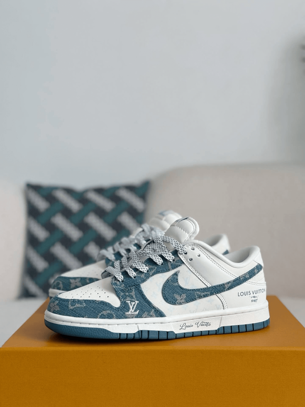 Louis Vuitton x Nike SB Dunk Low White Blue Monogram Denim CUSTOM