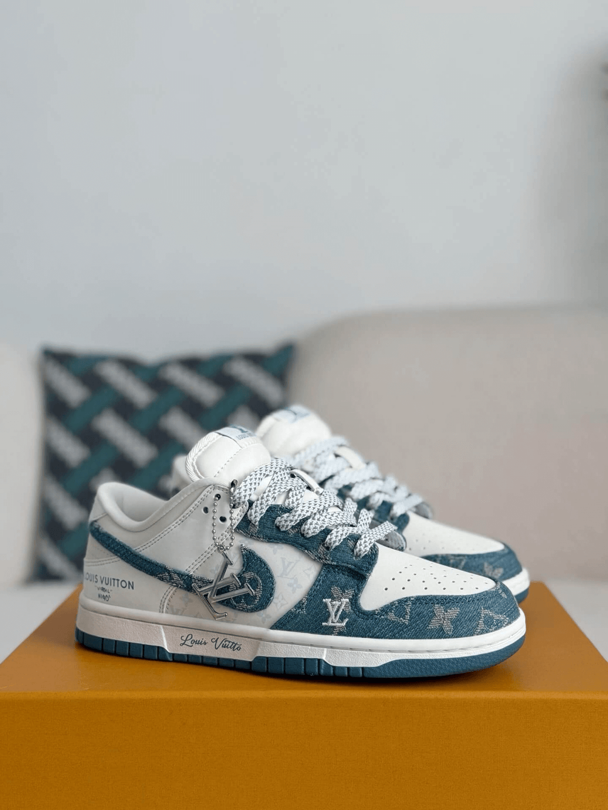Louis Vuitton x Nike SB Dunk Low White Blue Monogram Denim CUSTOM