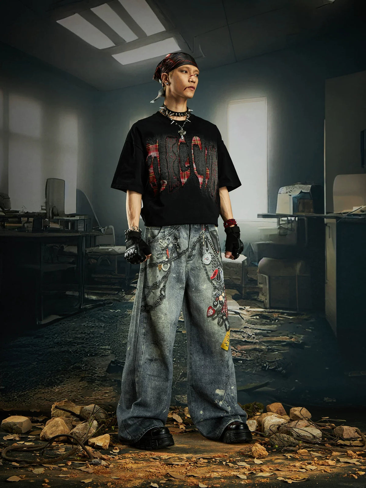 Bleached Shred Plaid Slash Tee - Notkicks