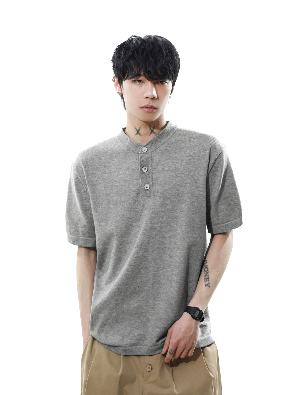 Heather Button Henley Knit Tee - Notkicks