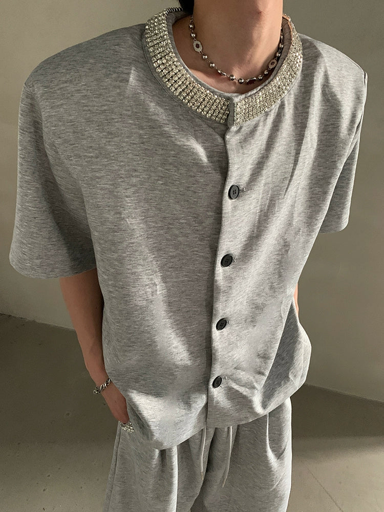 Black Short Sleeve Button-Up Shirt with Embellished Gem Collar - Notkicks