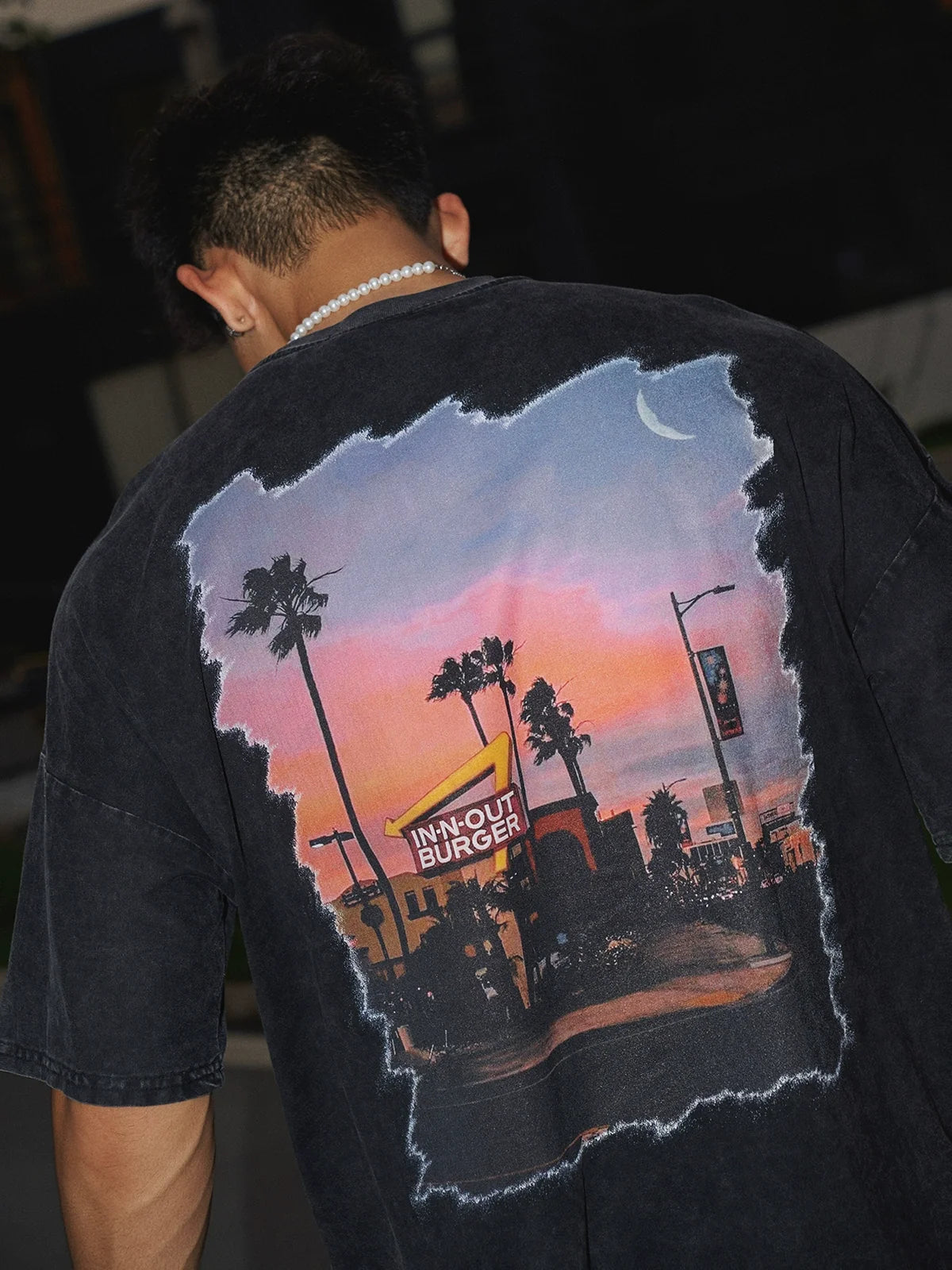 Washed Sunset Palm Graphic T-Shirt - Notkicks