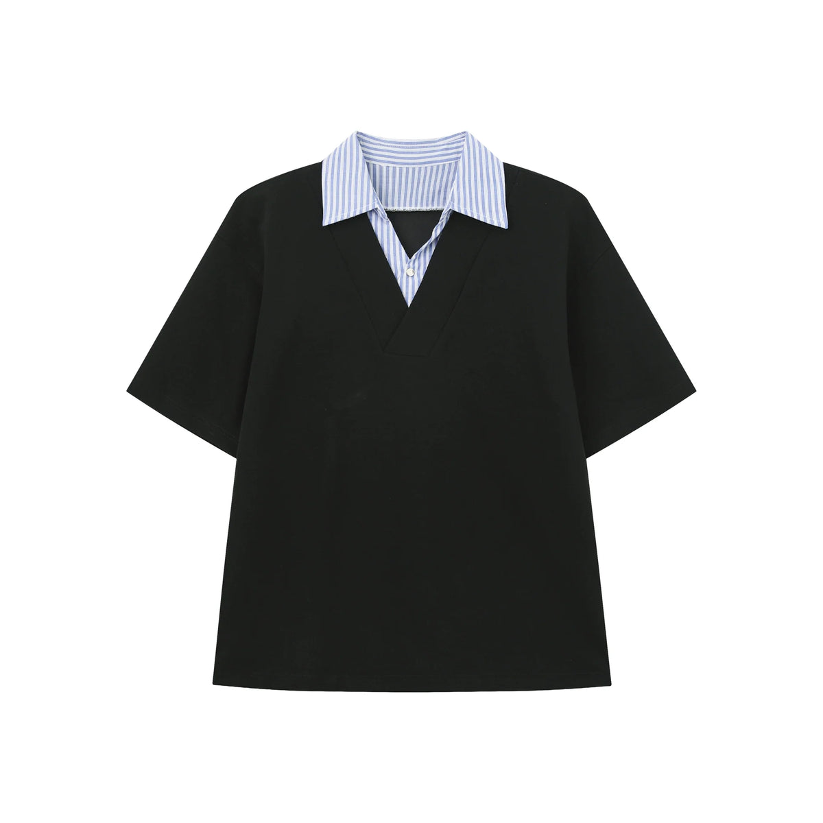 T-shirt with Faux Layered Blue Striped Shirt Collar and Placket - Notkicks