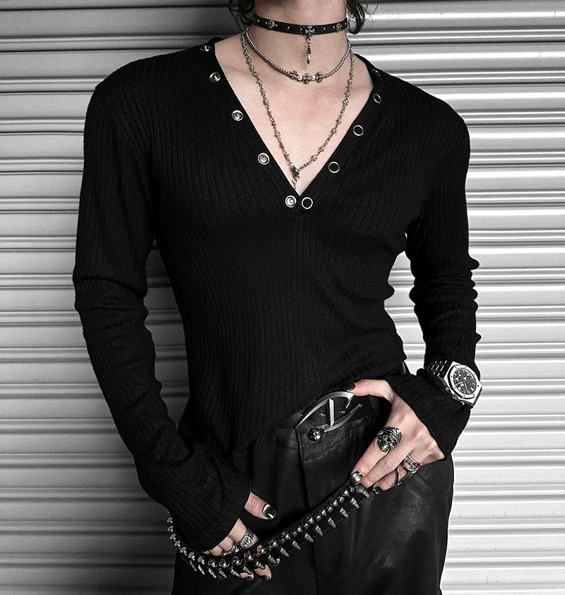 Midnight Rivet Deep V Henley - Notkicks
