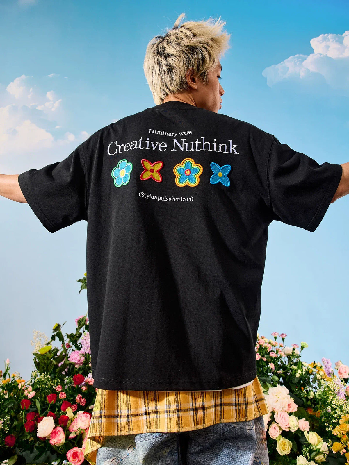 Oversized Floral Patch Graphic T-Shirt - Notkicks