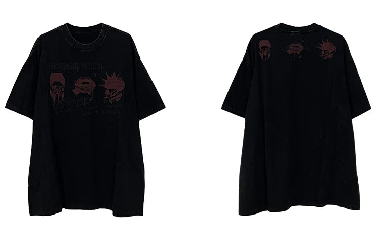 Black Oversized Graphic Tee with Red Print - Notkicks