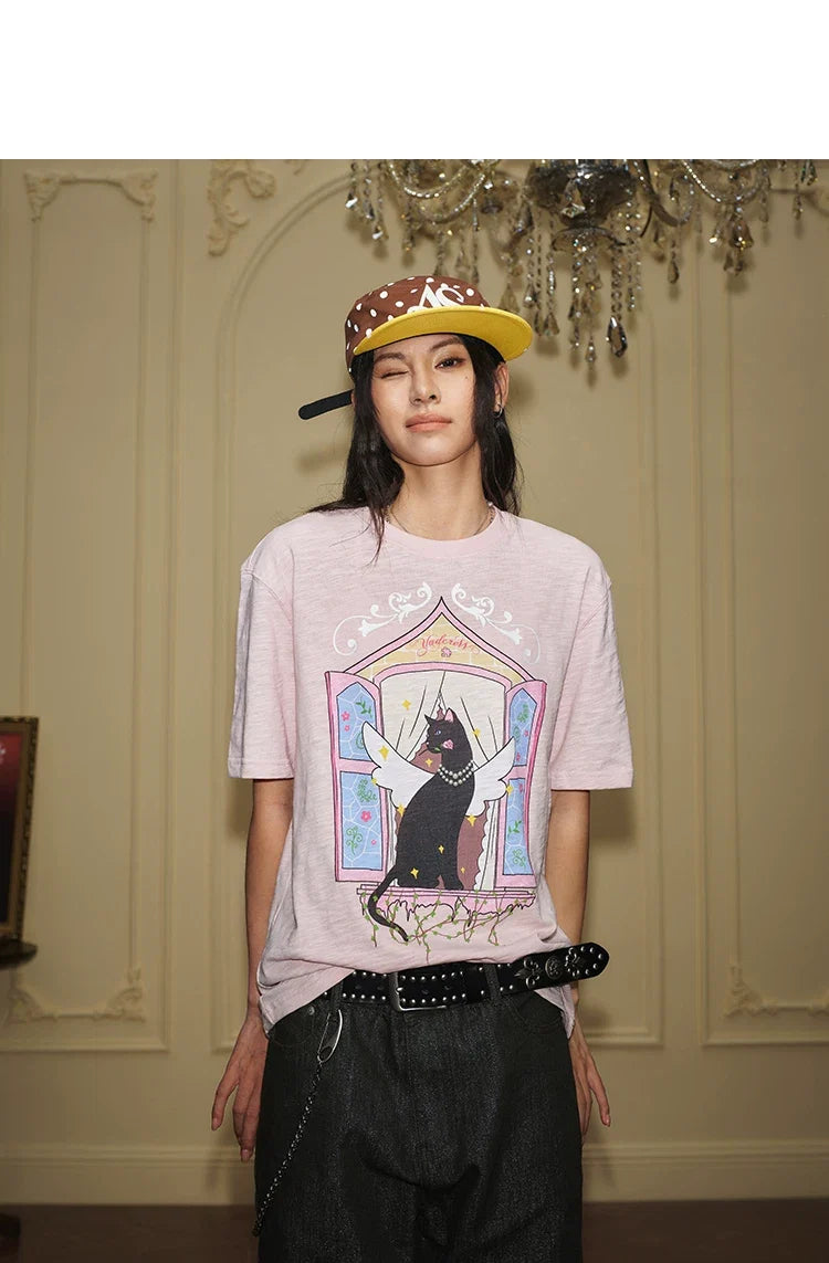 Winged Cat Window Graphic T Shirt - Notkicks