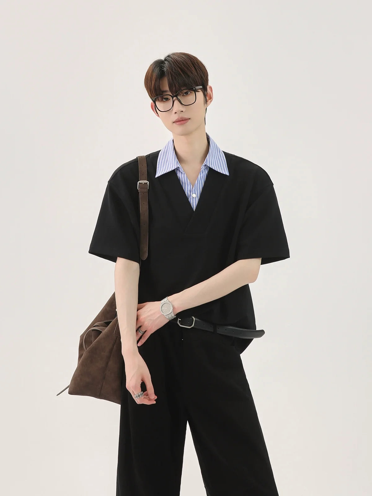 T-shirt with Faux Layered Blue Striped Shirt Collar and Placket - Notkicks