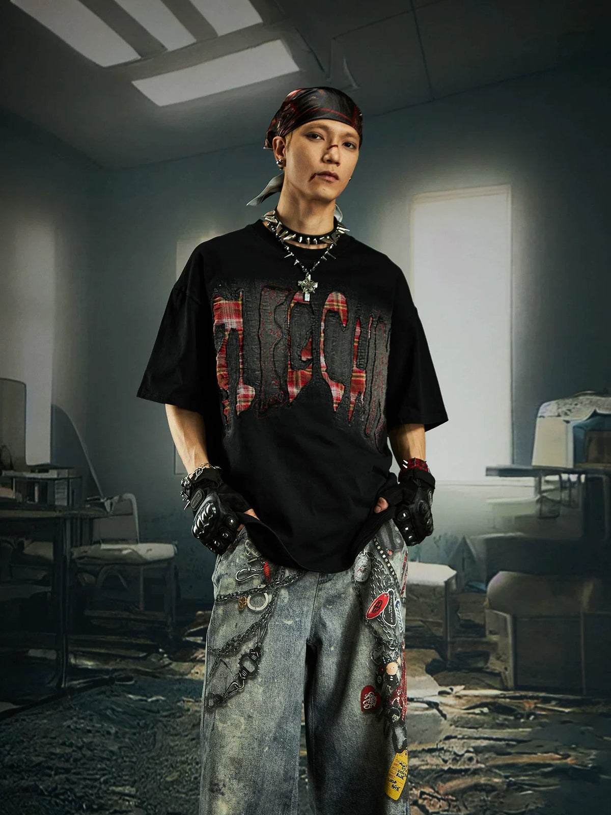 Bleached Shred Plaid Slash Tee - Notkicks