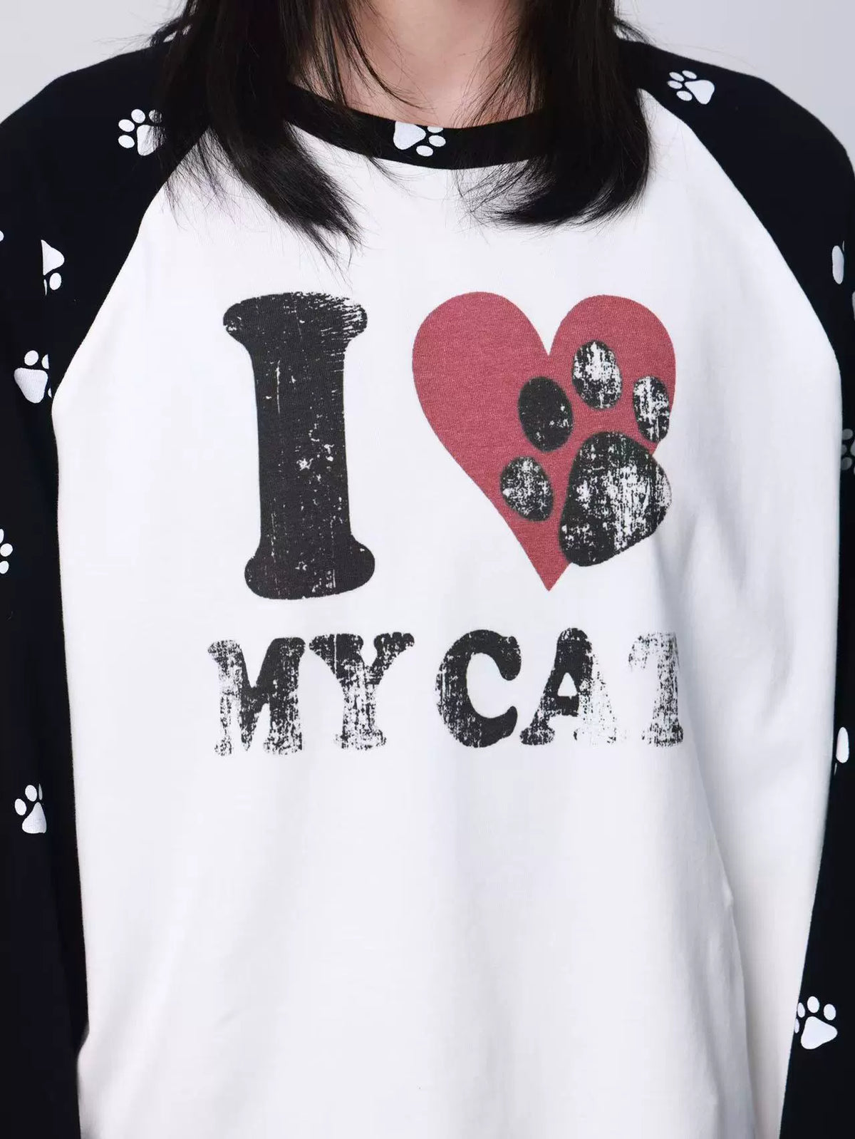 Pawprint Heart Cat Raglan Long-Sleeve Tee - Notkicks