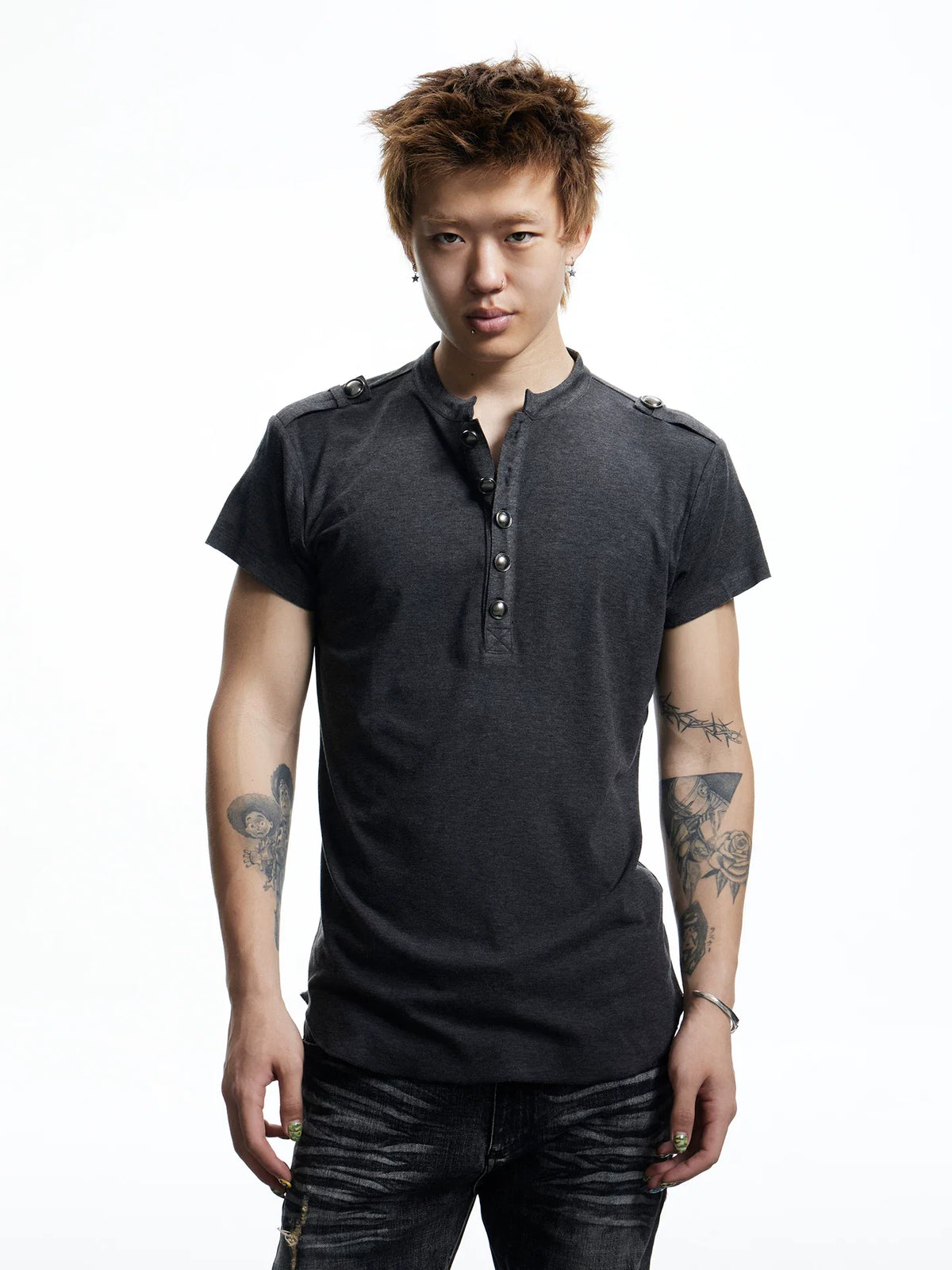 Button Placket Shoulder Tab T-Shirt - Notkicks
