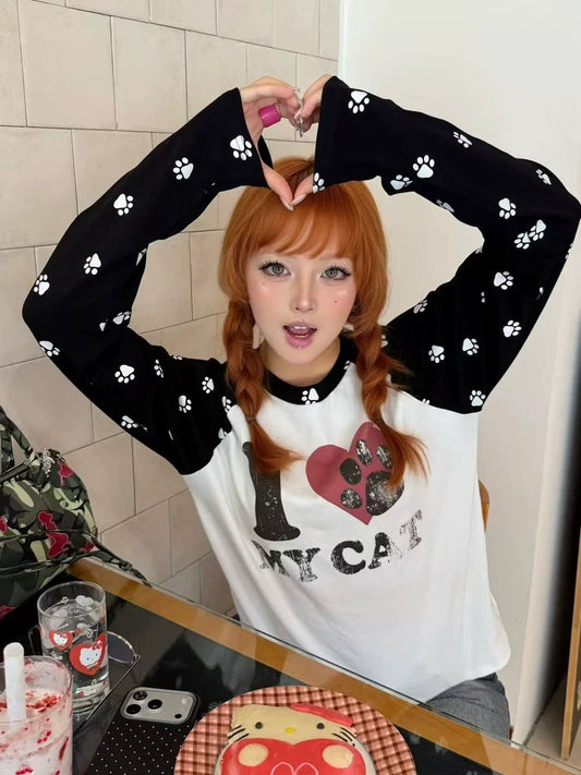 Pawprint Heart Cat Raglan Long-Sleeve Tee - Notkicks