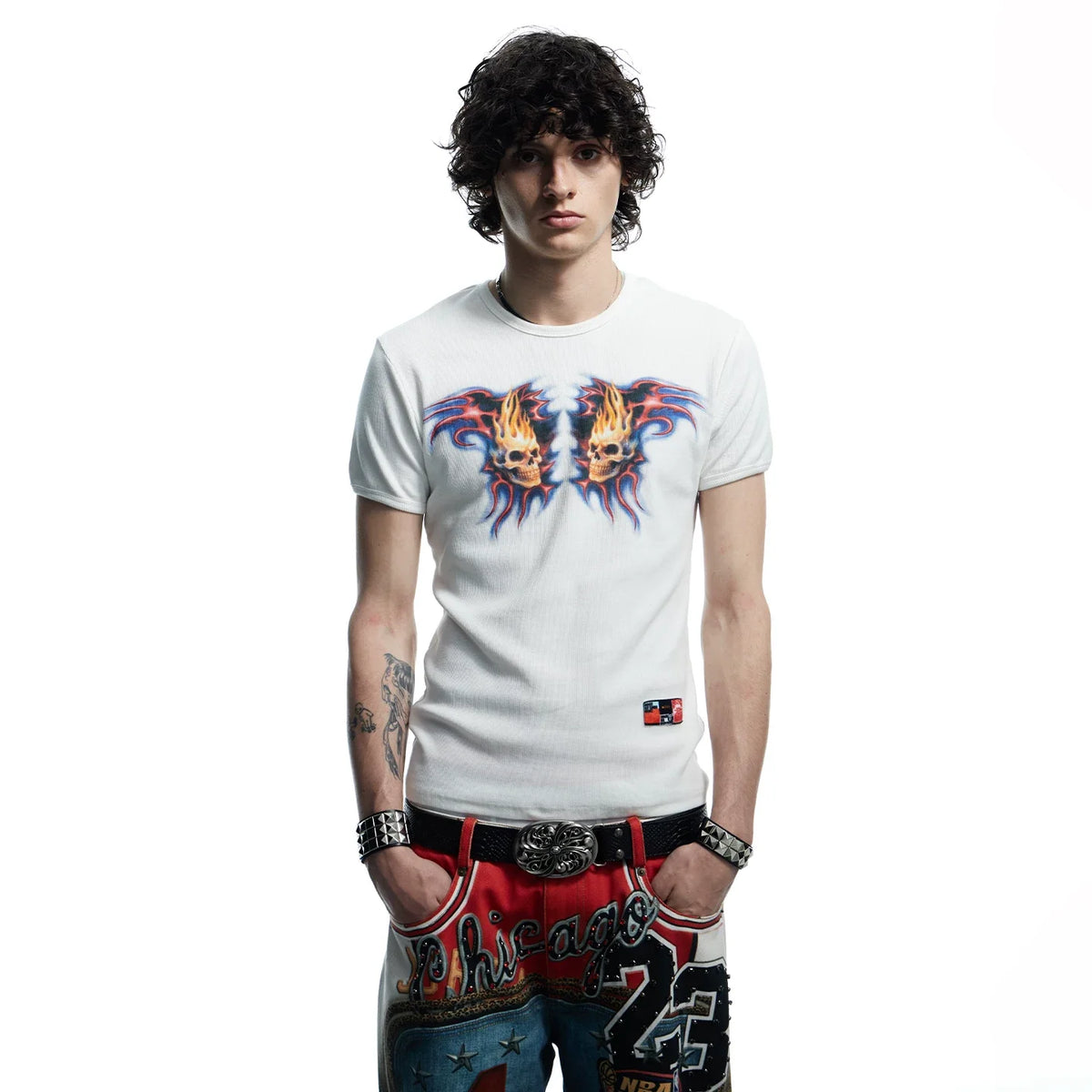 Flaming Skull Graphic Fitted Baby Tee - Notkicks