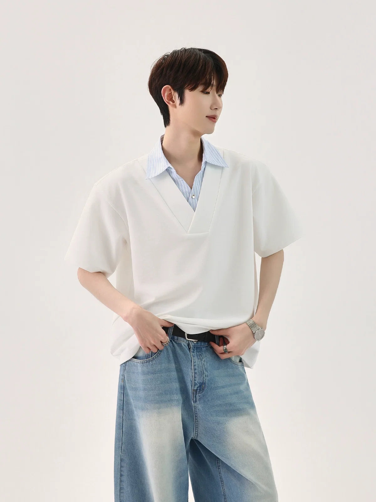 T-shirt with Faux Layered Blue Striped Shirt Collar and Placket - Notkicks