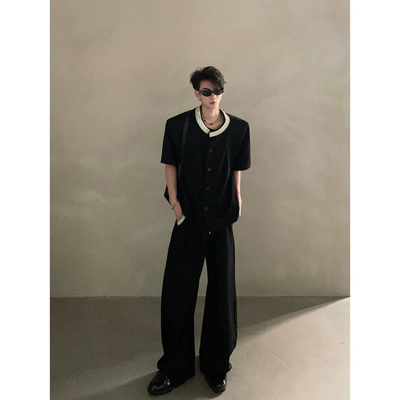 Black Short Sleeve Button-Up Shirt with Embellished Gem Collar - Notkicks