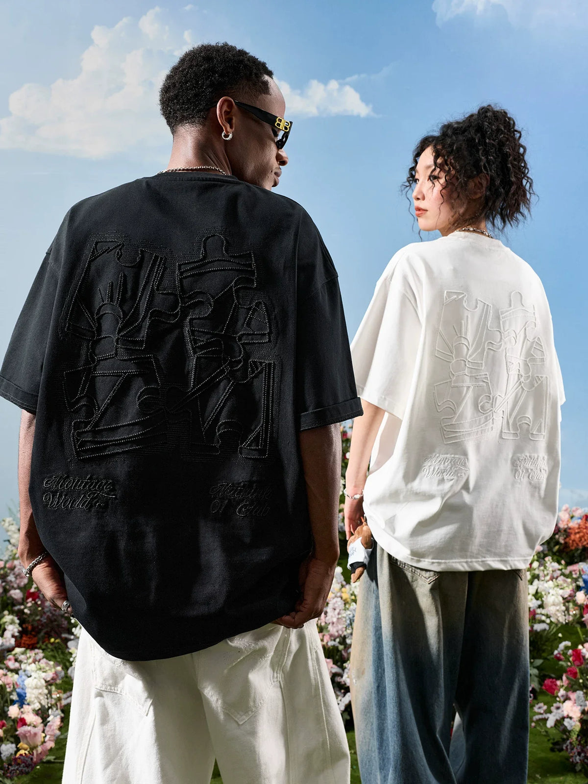 Oversized Embroidered Puzzle Graphic T-Shirt - Notkicks