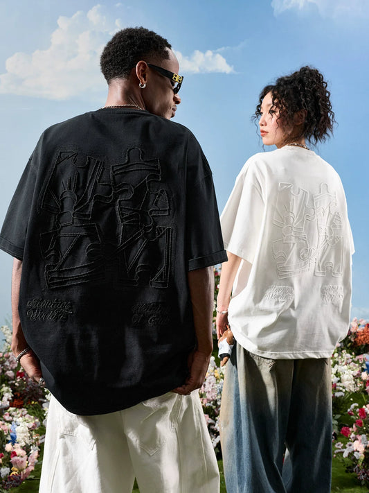 Oversized Embroidered Puzzle Graphic T-Shirt - Notkicks
