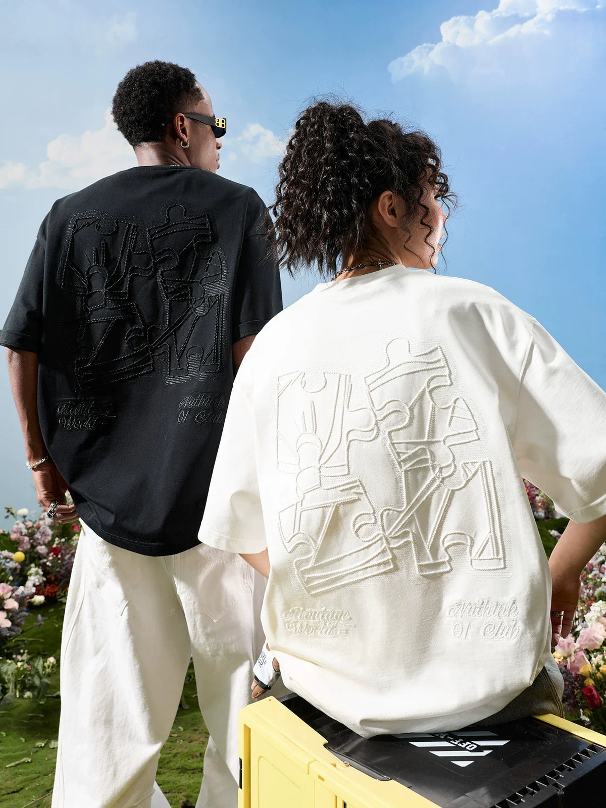 Oversized Embroidered Puzzle Graphic T-Shirt - Notkicks