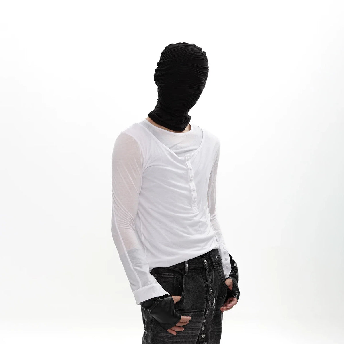 Shadow Veil Layered Ruched Henley Top - Notkicks