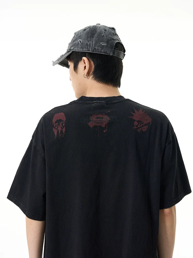 Black Oversized Graphic Tee with Red Print - Notkicks